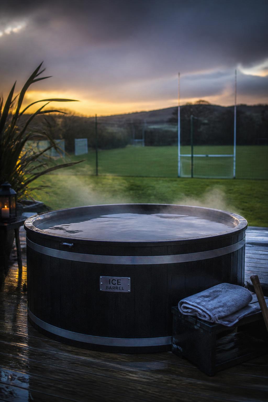 Outdoor cold plunge beside the pitch