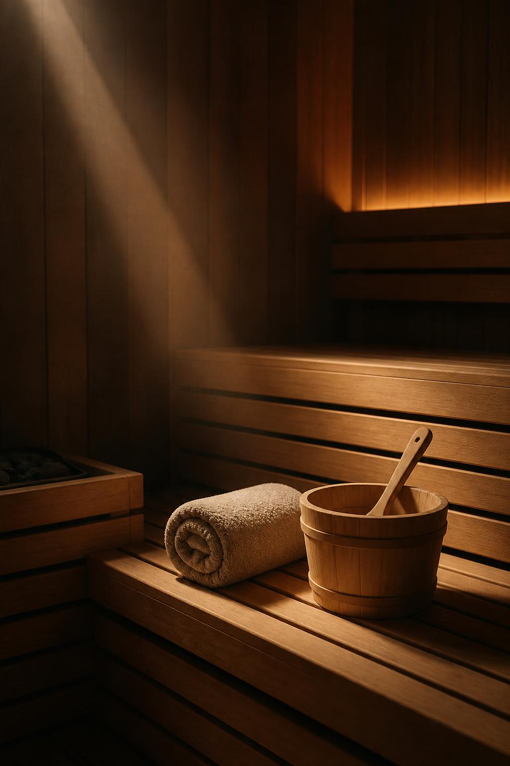 Warm timber sauna benches